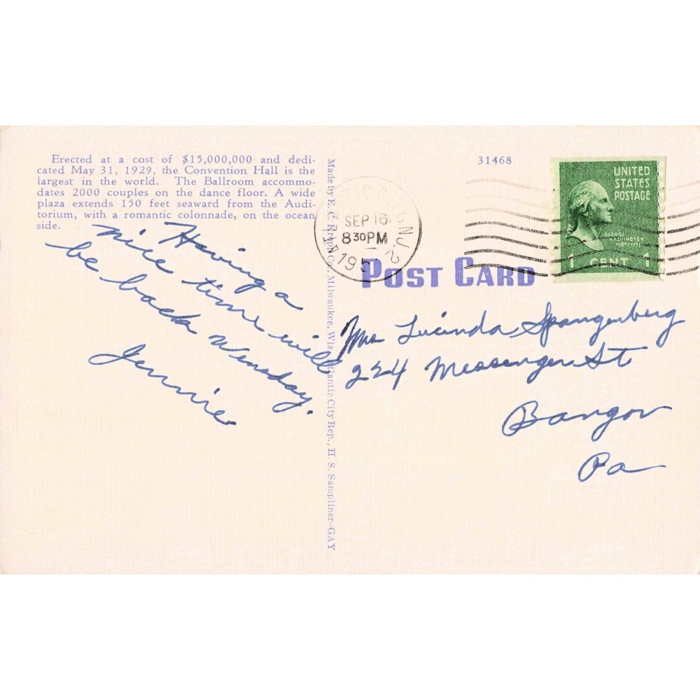 Vintage Atlantic City NJ Auditorium and Convention Hall Linen Postcard 1942 - Picture 2 of 2